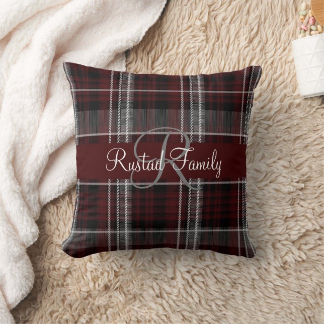 Scotland Tartan Burgundy Grey Plaid Monogram Throw Pillow (Blanket)