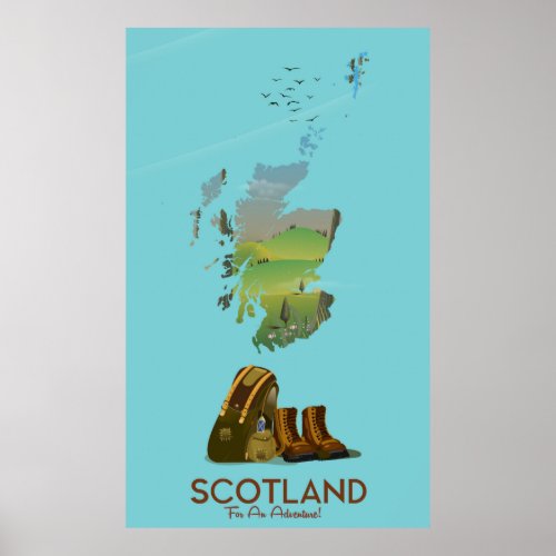 Scotland vintage hiking travel map poster
