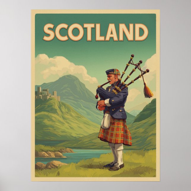 Scotland Vintage Travel – Highland Bagpiper Poster (Front)