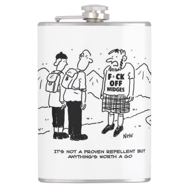 Scotsman has Anti-Midge T-Shirt Hip Flask (Front)