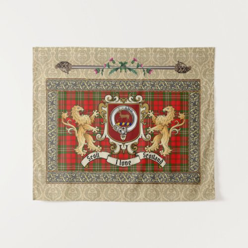 Scott Clan Badge & Tartan w/Lions   Tapestry