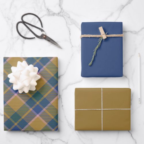 Scott Mustard Blue Modern Scottish Tartan Wrapping Paper Sheets