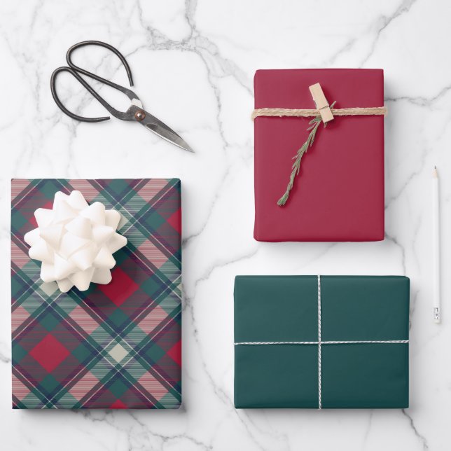 Scott Red Green Modern Scottish Tartan Wrapping Paper Sheets (Front)
