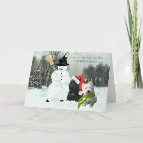 Scottie and Westie with Snowman Holiday Card