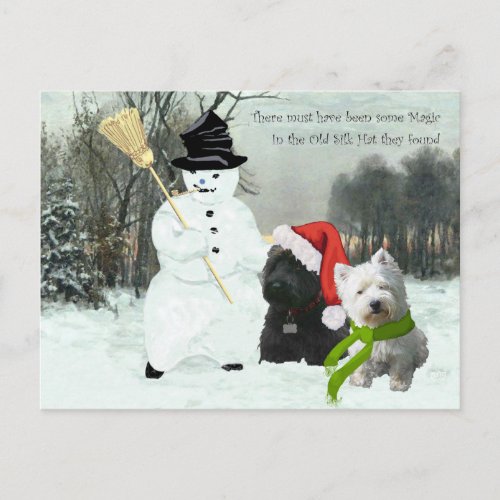 Scottie and Westie with Snowman Holiday Postcard
