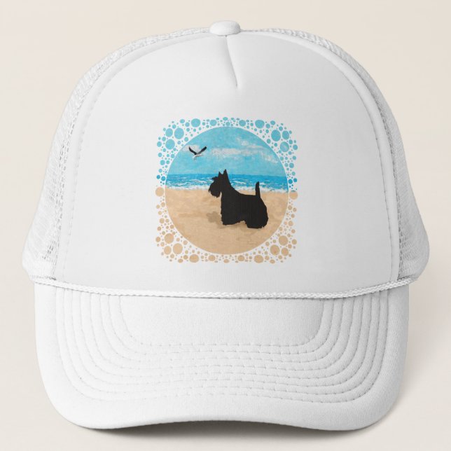 Scottie at the Beach with Seagull Trucker Hat (Front)