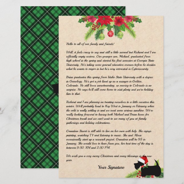 Scottie Christmas Plaid Family Newsletter Custom S Stationery (Front/Back)