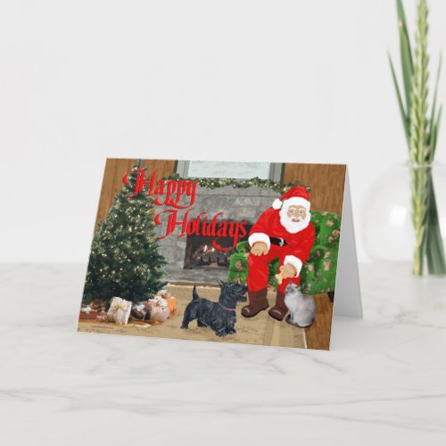 Scottie Dog and Siamese Cat with Santa Claus Holiday Card