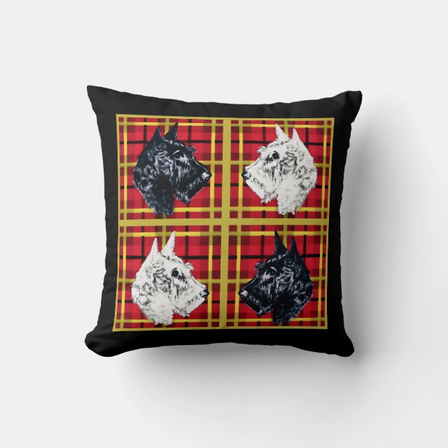 Scottie dog black and white golden plaid Scotties Throw Pillow (Front)