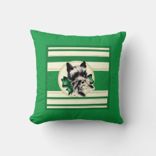 Scottie dog black on green striped background throw pillow
