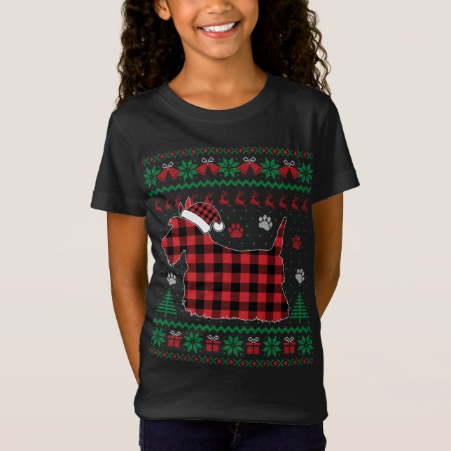 Scottie Dog Christmas Pajama Red Plaid Scottish Ug T-Shirt (Front)