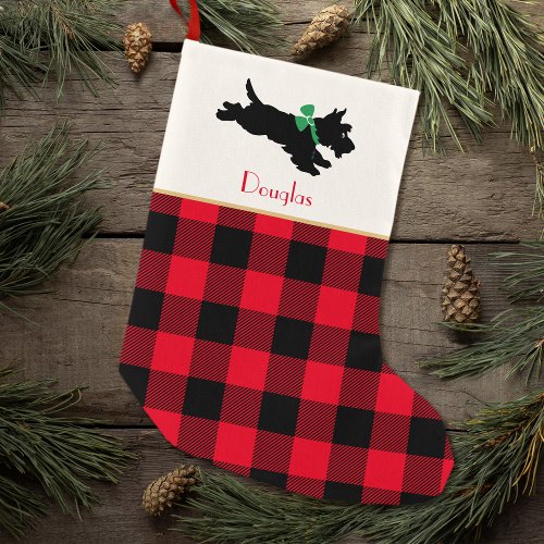 Scottie Dog Custom Name Buffalo Plaid Red Small Christmas Stocking