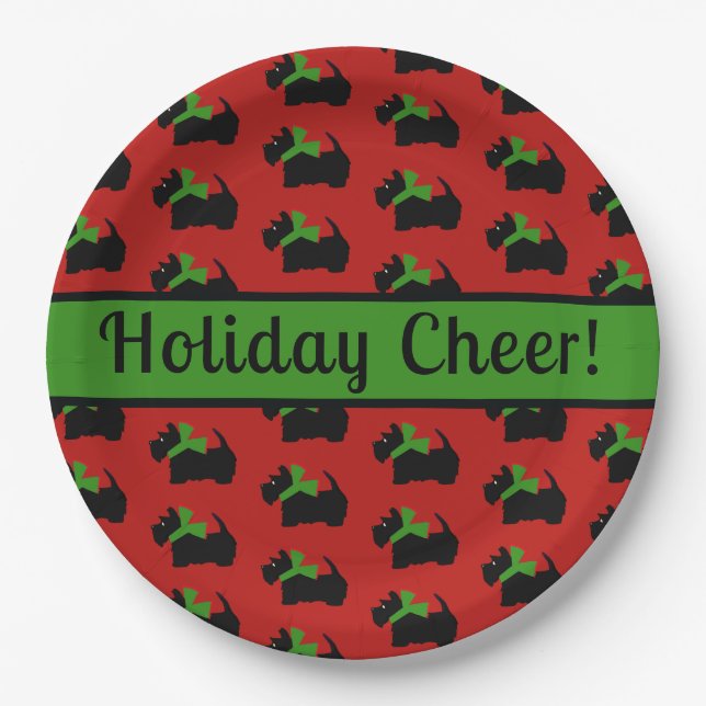 Scottie Dog Holiday Personalized Red Green Paper Plates (Front)