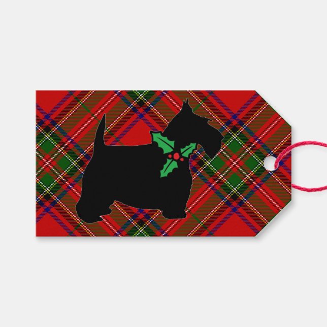 Scottie Dog Holly Plaid Gift Tags (Front (Horizontal))