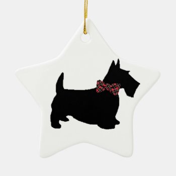 Scottie Dog In Plaid Bow Tie Ceramic Ornament by ScottiesByMacFrugal at Zazzle