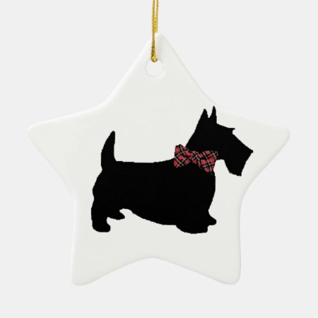 Scottie Dog In Plaid Bow Tie Ceramic Ornament
