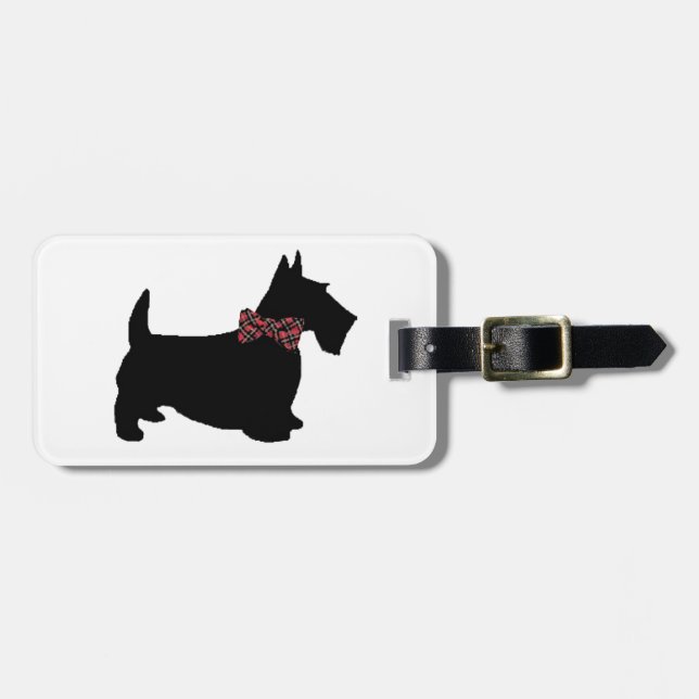 Scottie Dog in Plaid Bow Tie Luggage Tag (Front Horizontal)