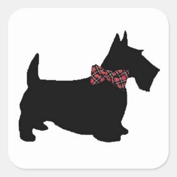 Scottie Dog In Plaid Bow Tie Square Sticker by ScottiesByMacFrugal at Zazzle