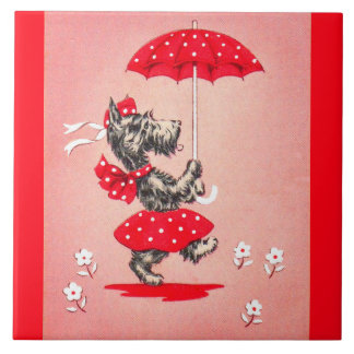 Scottie dog lady carrying umbrella ceramic tile