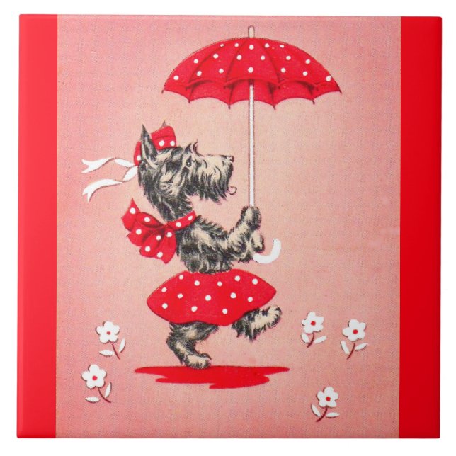 Scottie dog lady carrying umbrella ceramic tile (Front)