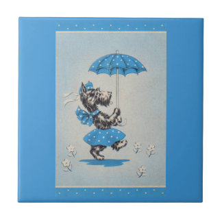 Scottie dog lady carrying umbrella ceramic tile