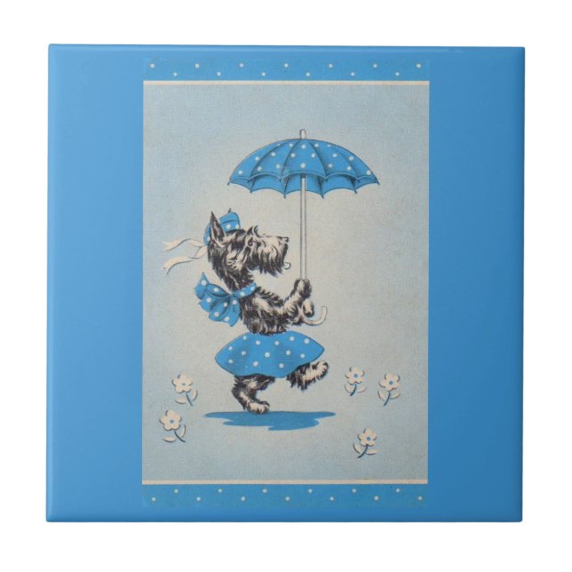 Scottie dog lady carrying umbrella ceramic tile (Front)