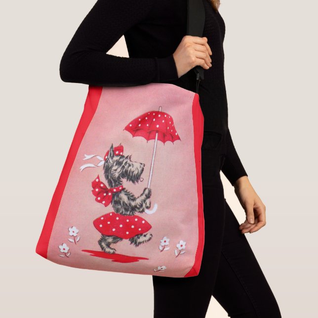 Scottie dog lady carrying umbrella crossbody bag (Close Up)