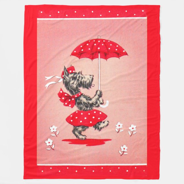 Scottie dog lady carrying umbrella fleece blanket (Front)