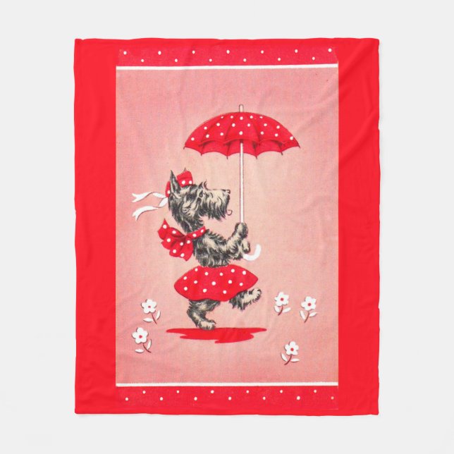 Scottie dog lady carrying umbrella fleece blanket (Front)