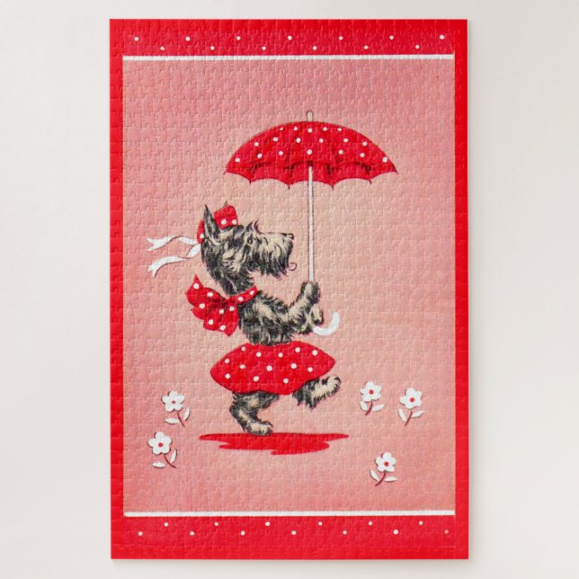 Scottie dog lady carrying umbrella jigsaw puzzle (Vertical)