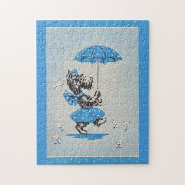 Scottie dog lady carrying umbrella jigsaw puzzle (Vertical)