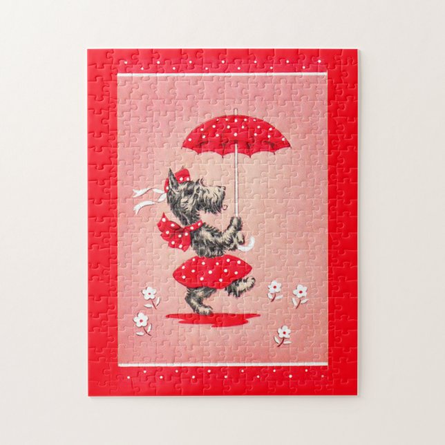 Scottie dog lady carrying umbrella jigsaw puzzle (Vertical)