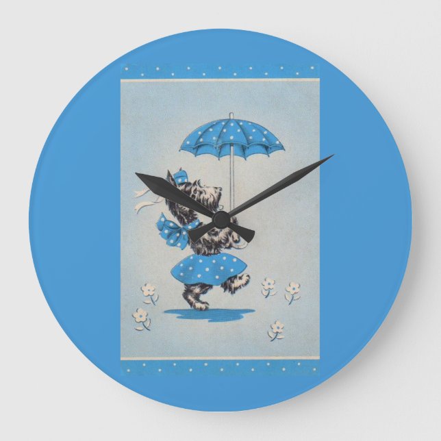 Scottie dog lady carrying umbrella large clock (Front)