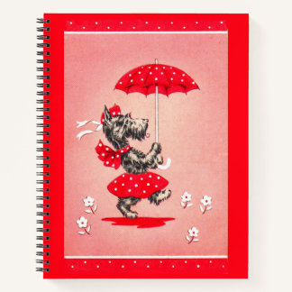 Scottie dog lady carrying umbrella notebook