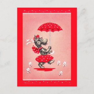 Scottie dog lady carrying umbrella postcard