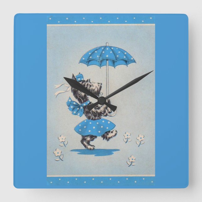 Scottie dog lady carrying umbrella square wall clock (Front)