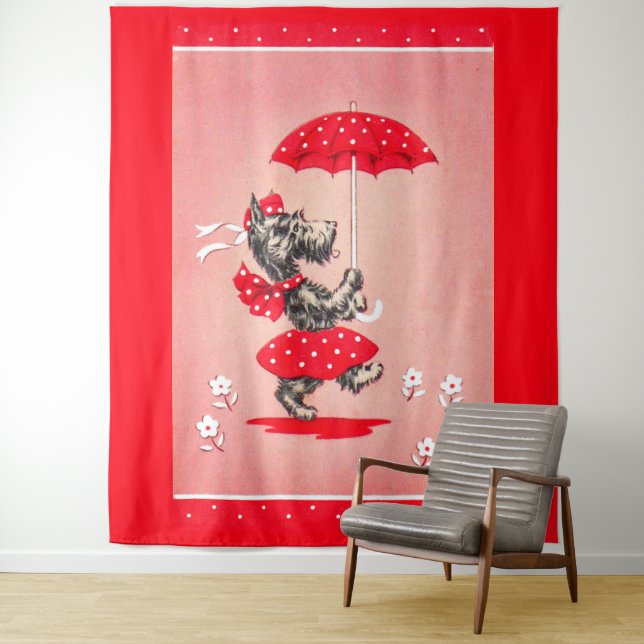 Scottie dog lady carrying umbrella tapestry (In Situ)