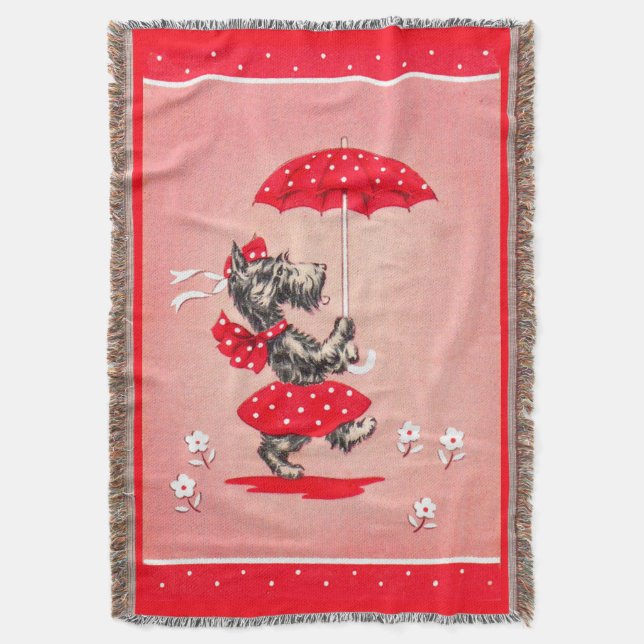 Scottie dog lady carrying umbrella throw blanket (Front Vertical)