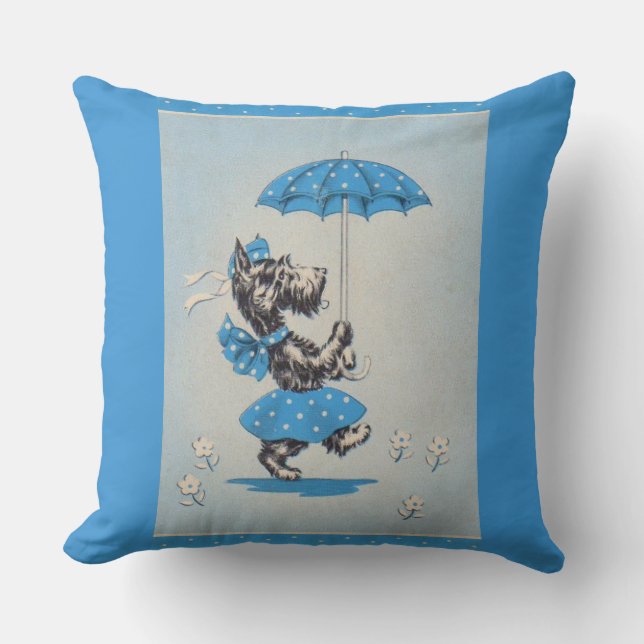 Scottie dog lady carrying umbrella throw pillow (Front)