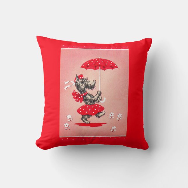 Scottie dog lady carrying umbrella throw pillow (Front)