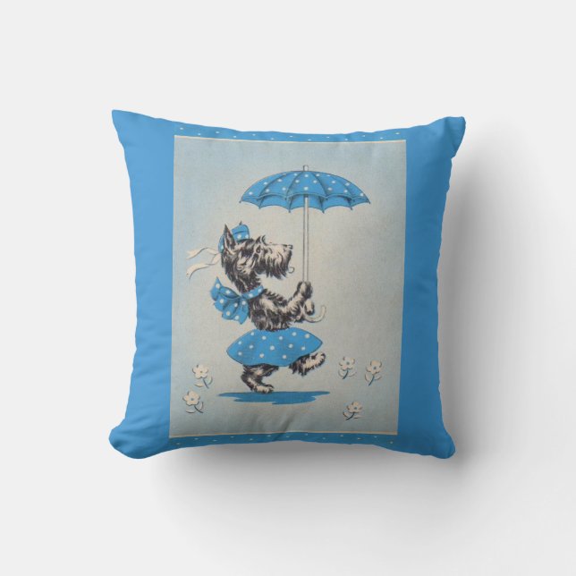 Scottie dog lady carrying umbrella throw pillow (Front)