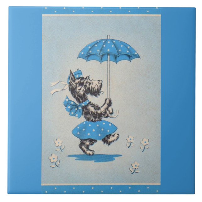 Scottie dog lady carrying umbrella tile (Front)