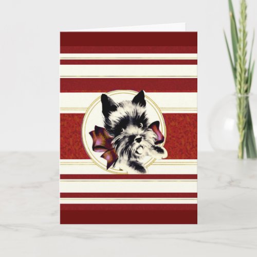 Scottie Dog  on dark red stripe Christmas card