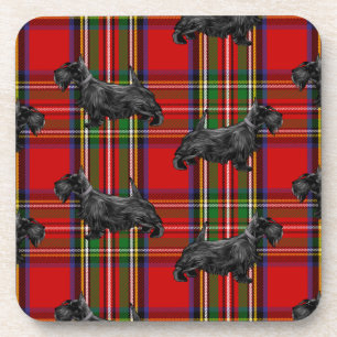 Scottie Dog on Red Scottish Tartan Beverage Coaster