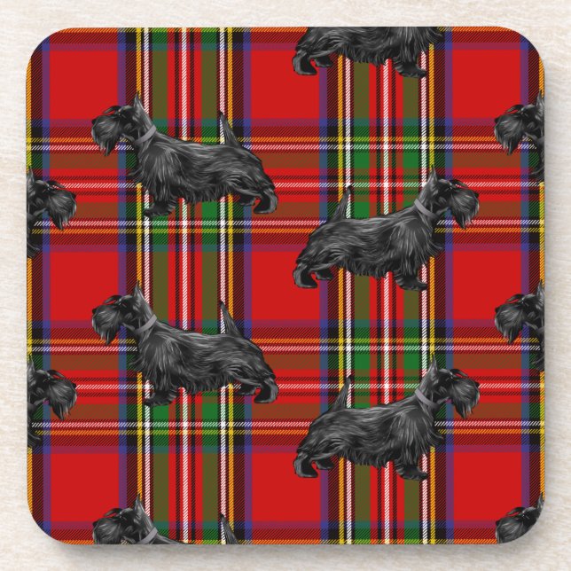 Scottie Dog on Red Scottish Tartan Beverage Coaster (Front)