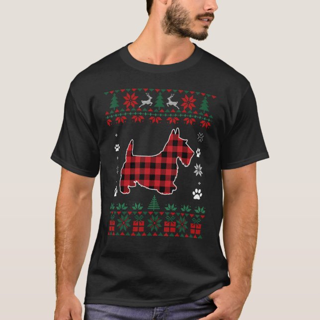 Scottie Dog  Pajama Red Plaid Ugly Christmas Sweat T-Shirt (Front)