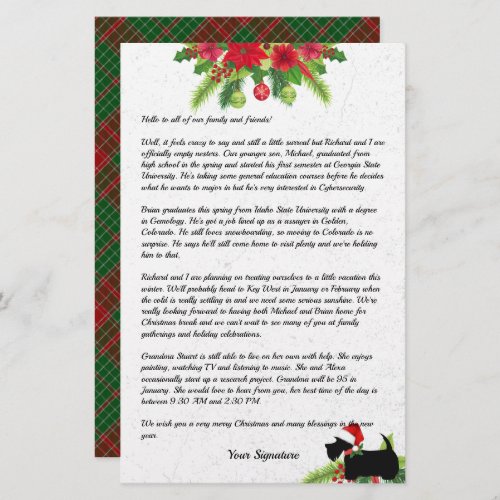 Scottie Dog Plaid Christmas Newsletter Custom Stationery
