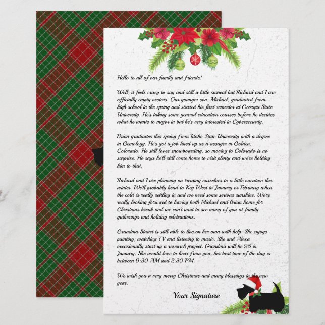 Scottie Dog Plaid Christmas Newsletter Custom Stationery (Front/Back)