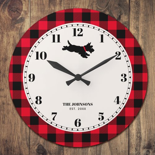 Scottie Dog Plaid Custom Name Red Large Clock