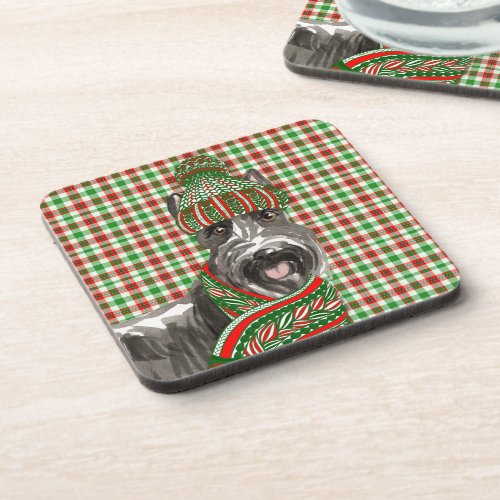 Scottie Dog Red and Green Holiday Plaid Christmas Beverage Coaster